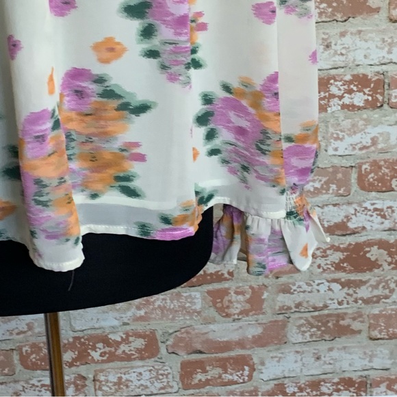 ENTRO Floral Blouse Large Cream Lavender Orange Smocked Semi-Sheer Boho - Picture 9 of 12